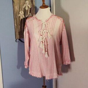 Johnny Was Top Red White XS Beaded Tie Front Hippie Boho Tassel Frayed